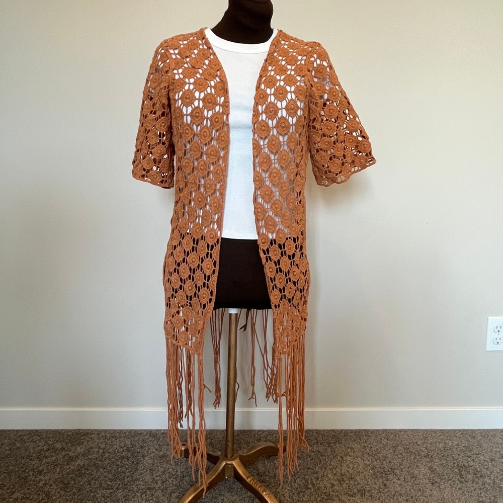 Rebellion Again Crochet Duster Womens M Brown Boho Fringe Kimono Cardigan